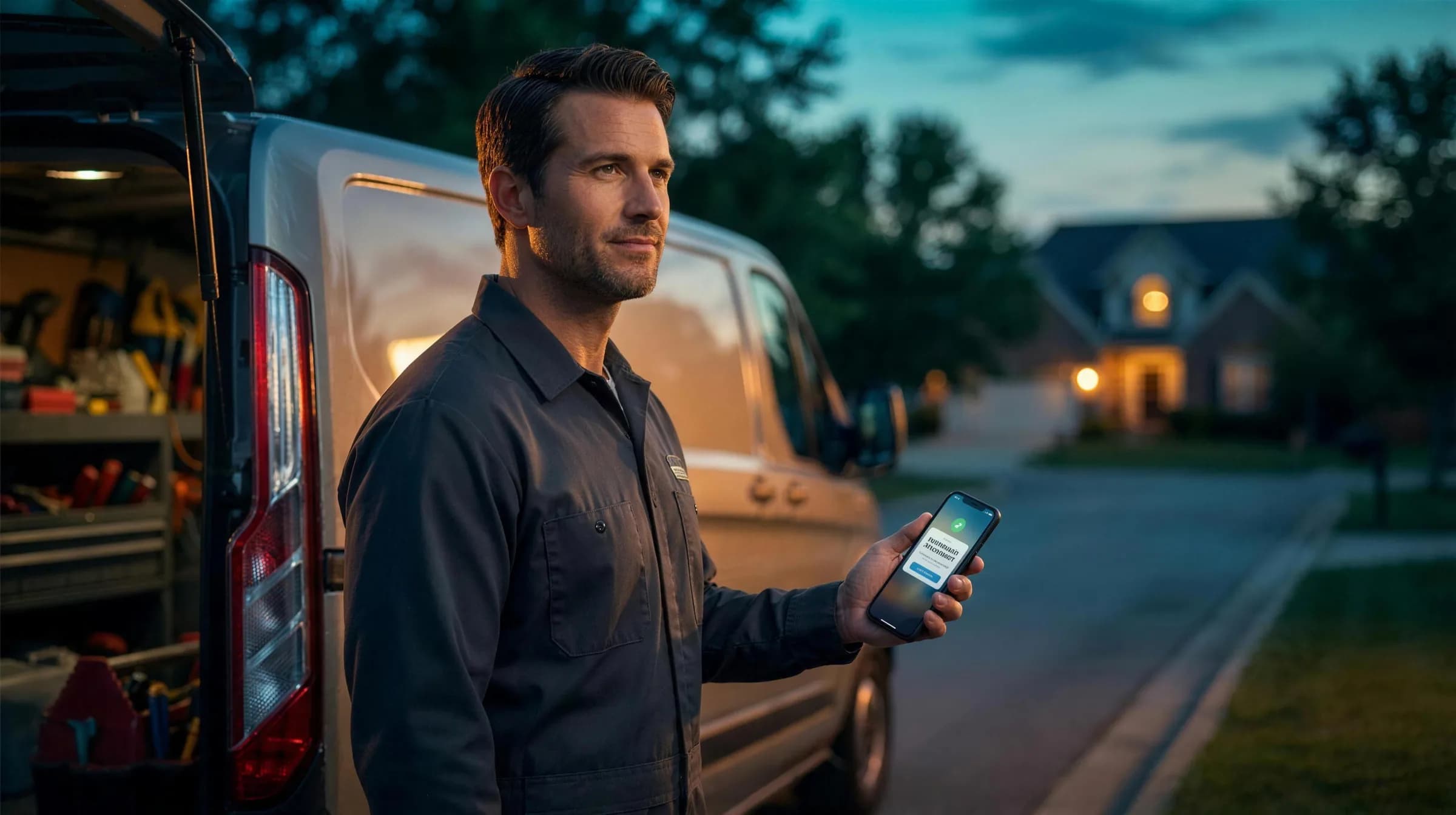 A home-services business owner by his work van at dusk, calmly checking leads on his phone because DECO is answering them around the clock.